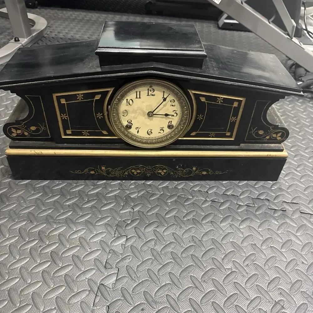 Antique Enameled Wood Mantle Clock With Gold Stenciled Floral Motif *